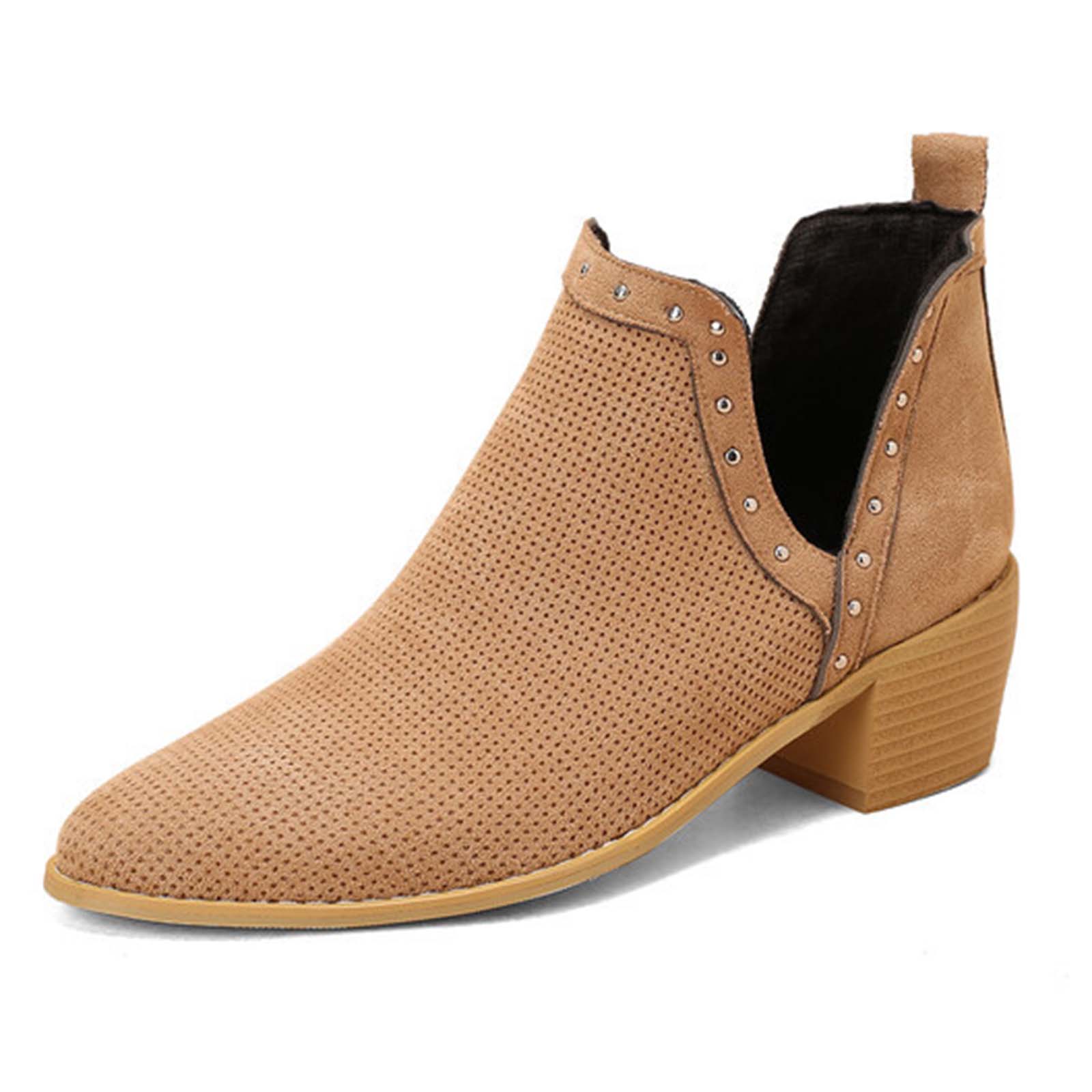 

Vintage Ankle Boots For Women Casual Cut Out Slip On Low Heel Short Chunky Stacked Heel Perforated Side V Cut Western Booties 39