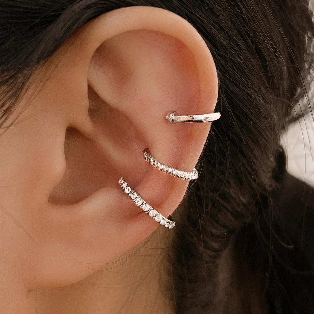 3pcs Set Trendy Personality Micro-inlay Zircon Geometry C Shape Fake Piercing Clip Earrings for Women No Ear Holes Jewelry Sets