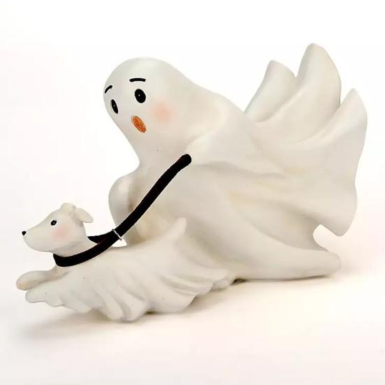 Halloween Ghost Walking Dog Statue Cute Ghost Dog Figurine Resin Ghost Sculpture Tabletop Ornament for Indoor Outdoor Decor