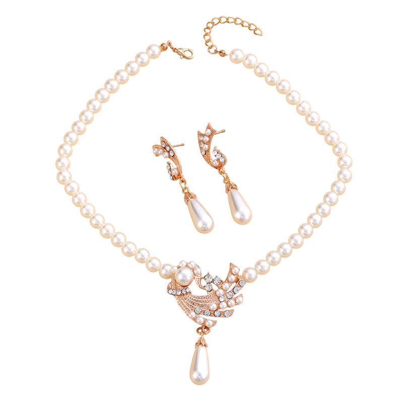 Pearl Necklace Earrings Set For Girls All  Novel Alloy Gold And Silver Two-Piece Set