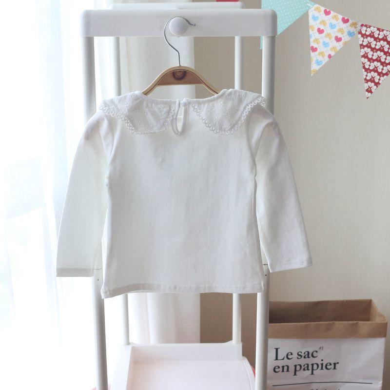 Girls' White Peter Pan Collar Long Sleeve Cotton T-Shirt for Spring/Autumn