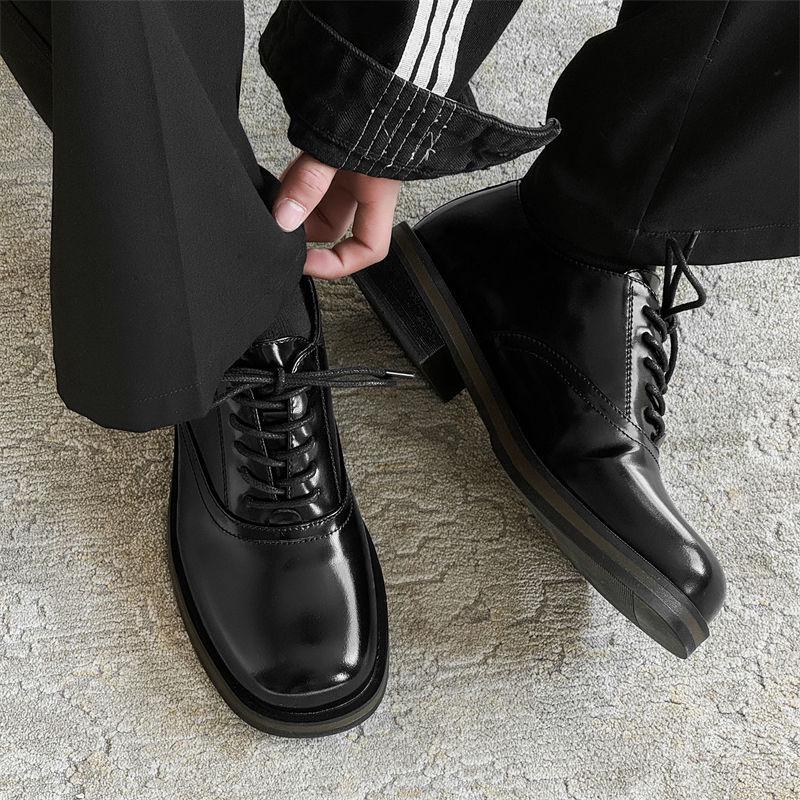 Men's Black Square Toe Leather Shoes - High-End British Style, Formal, Thick Sole, Height Increasing, Low-Top, Ideal for Commute or Wedding Groom.