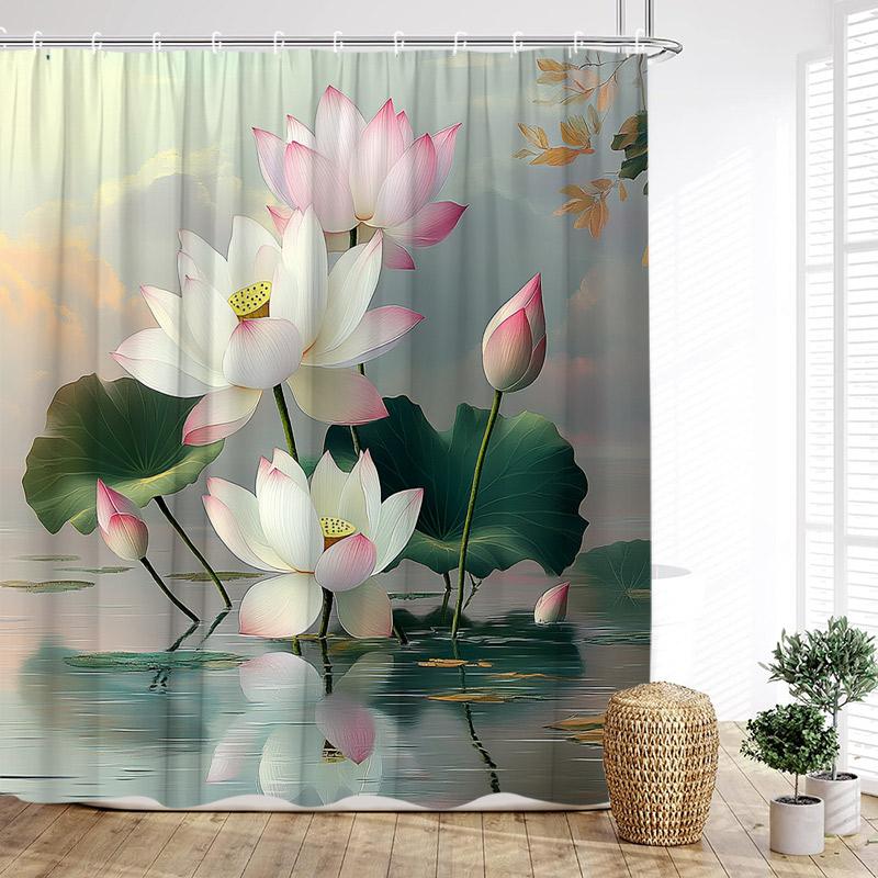 

Шторка для душа «Цветы лотоса» Натуральные зеленые листья Растение Цветочный Китайский стиль Занавески для ванны Ткань Домашний декор для ванной комнаты с крючками 120x180cm-47x70in
