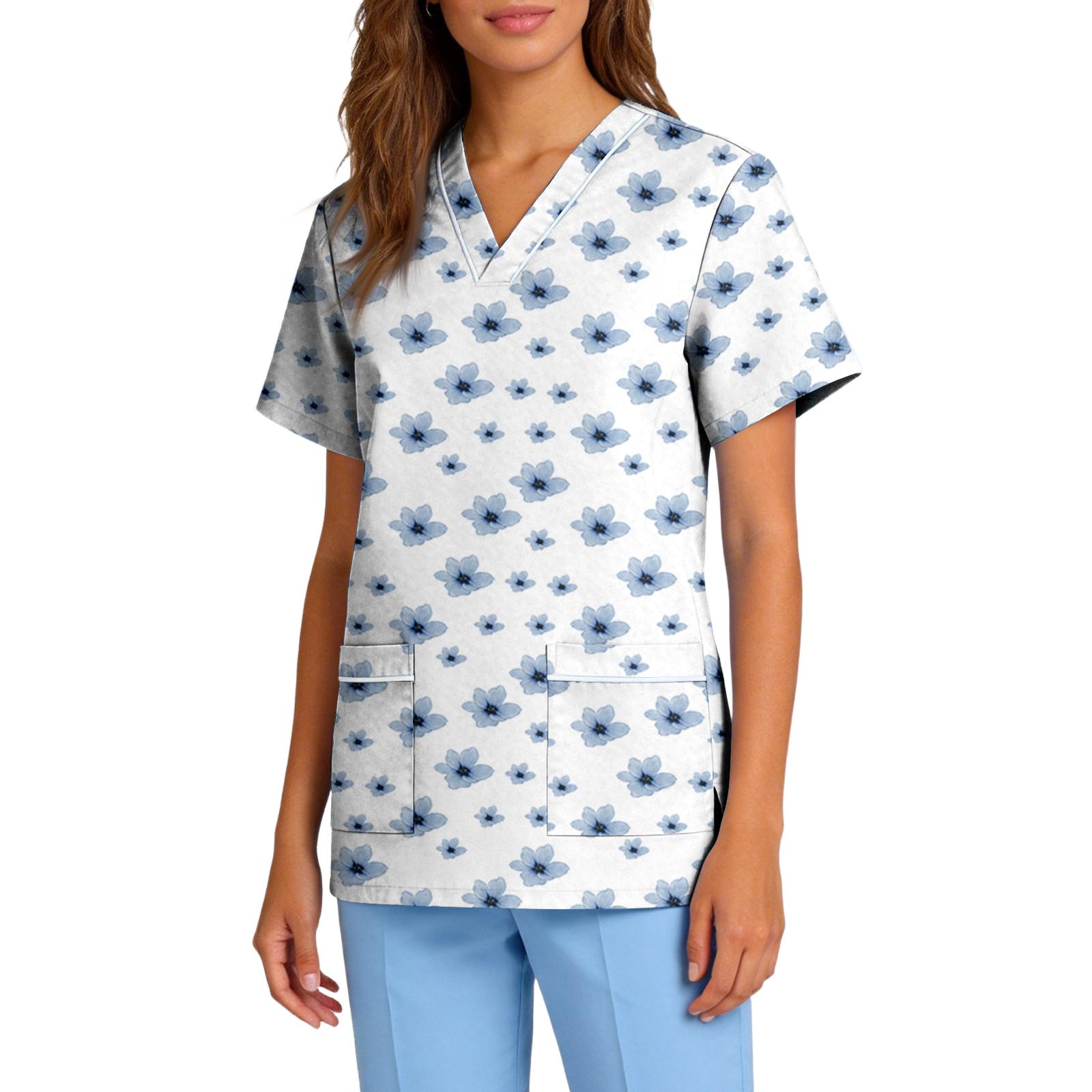 

Women V Neck Short Sleeve Stretch Scrub Top with Pockets Floral Print Medical Uniform Workwear for Healthcare Professionals XL
