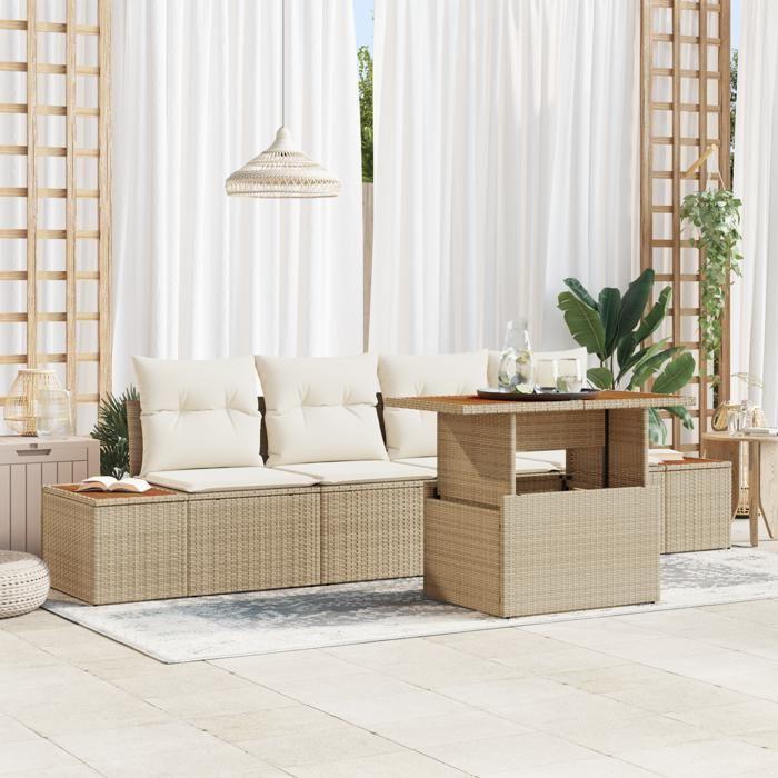VidaXL Ensemble de salle à manger de jardin 5 pièces avec coussins Beige en Poly Rattan et Acacia 3350023