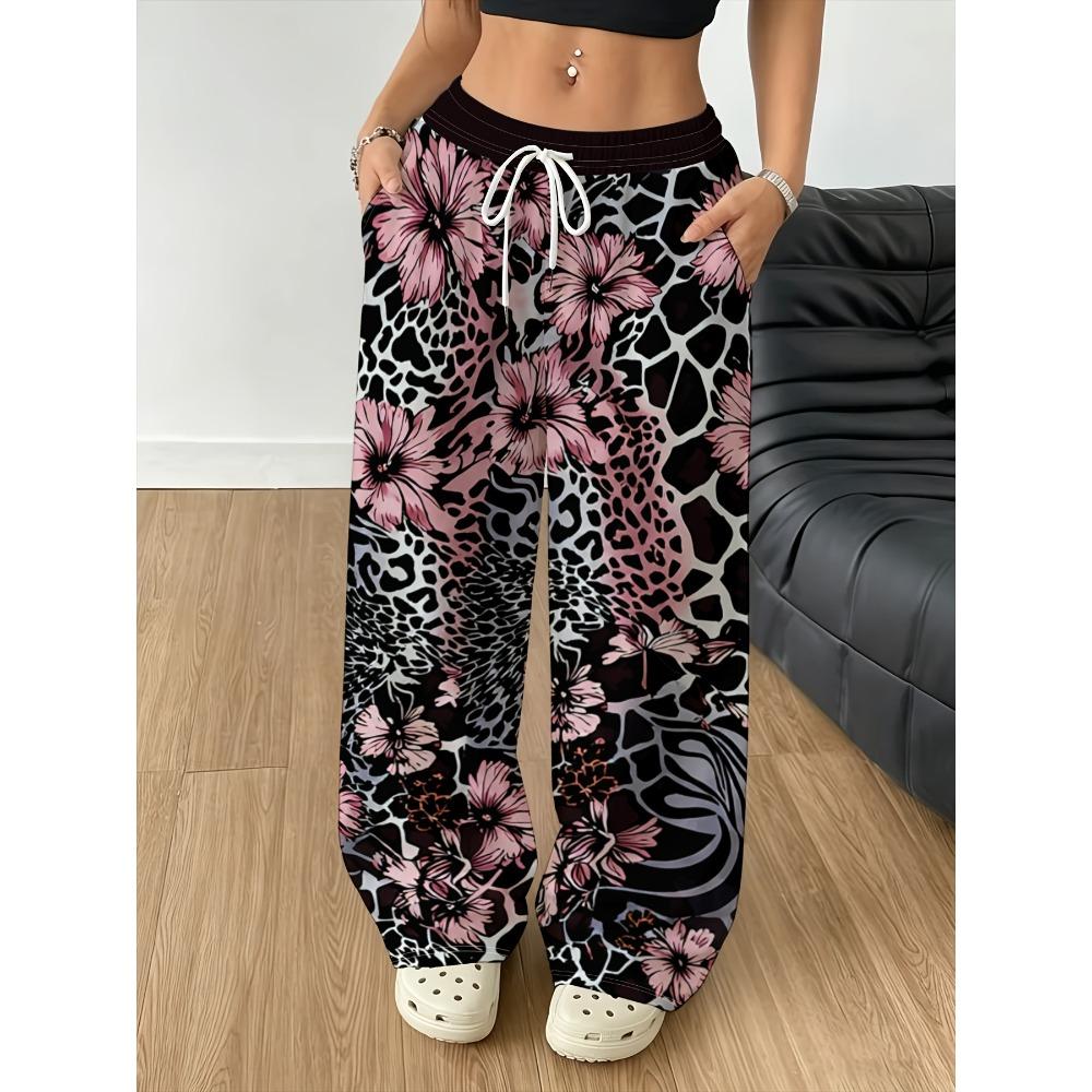 Women's Retro Wide Leg Pants with Leopard and Pink Floral Patchwork - Elastic Drawstring Waist Straight Pants