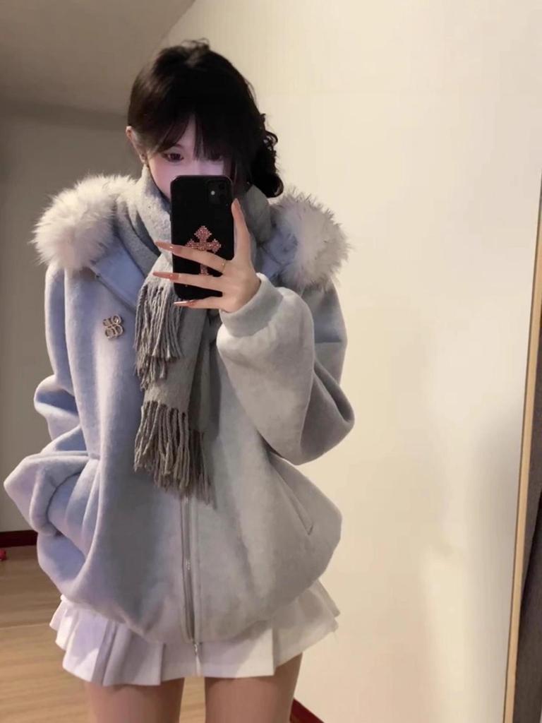 Women's High-End Quilted Woolen Coat with Fur Collar Hood and Thickening, Autumn/Winter Style