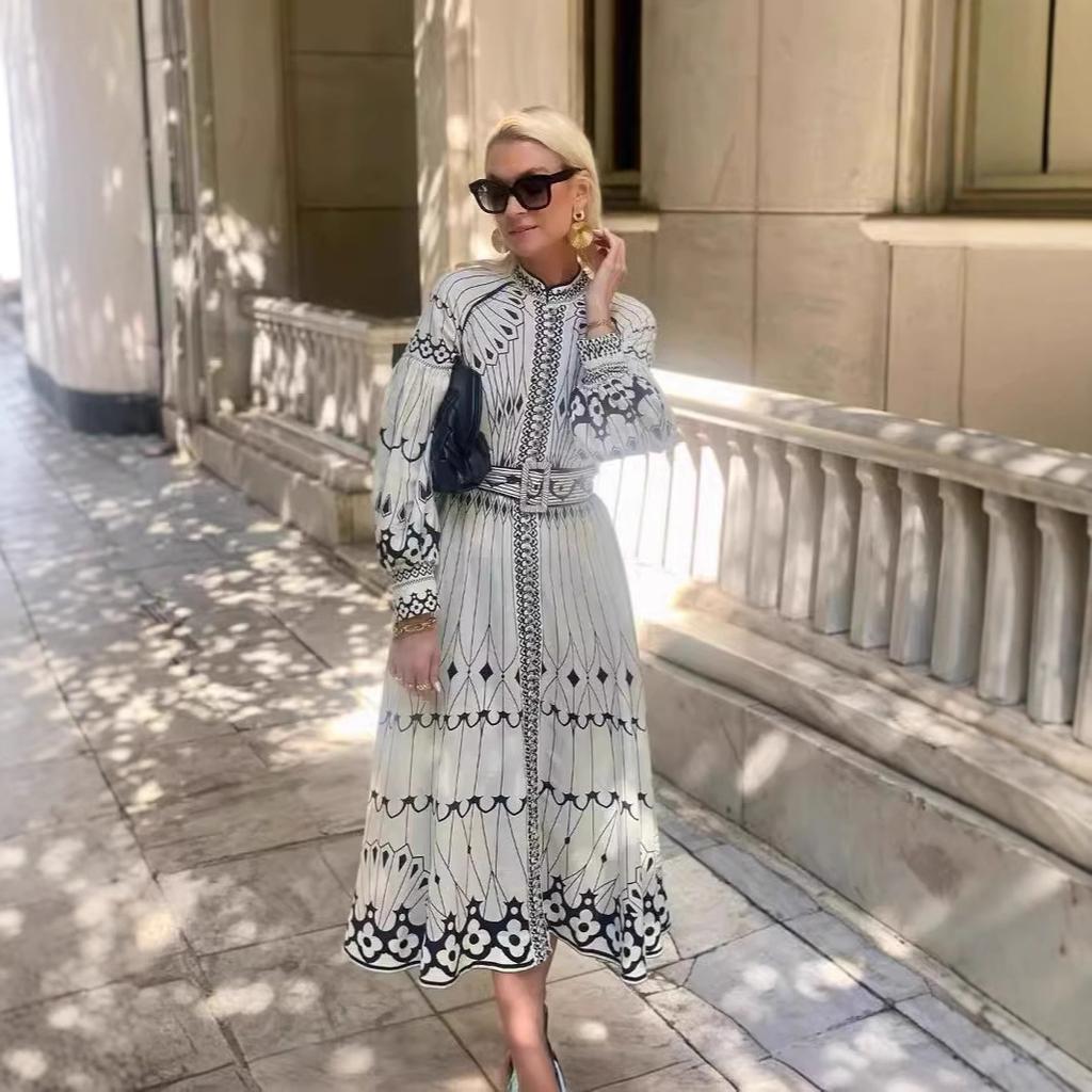European and American Cross-border 2024 New  Independent Station Linen Loose Casual Vintage Lantern Sleeve Belt Dress