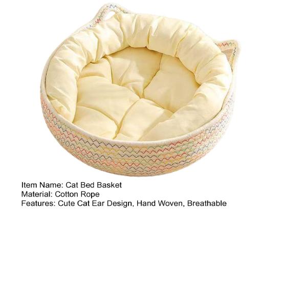 Cat Bed Basket Cotton Rope Pet Bed with Cat Ear Design Handwoven Sleeping Basket for Cats Puppies Rabbits Small