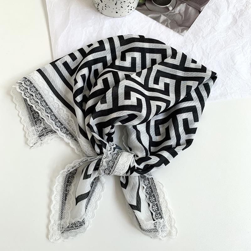 Silk Scarf Neck Small Square Scarf Lace Striped Cashew Nut Silk Scarf Spring and Summer Light Headscarf Headband Decorative Scarf