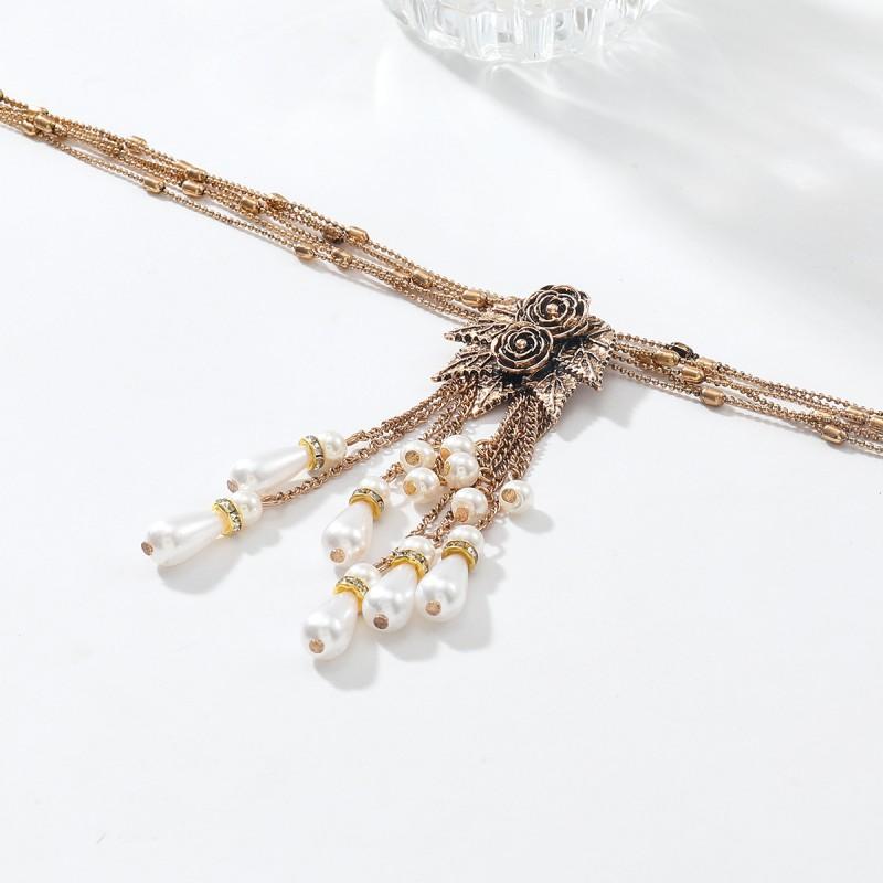 Vintage Floral Pendant Necklace With Alloy Pearl Tassel Charm Gold Tone LayeredChain Women