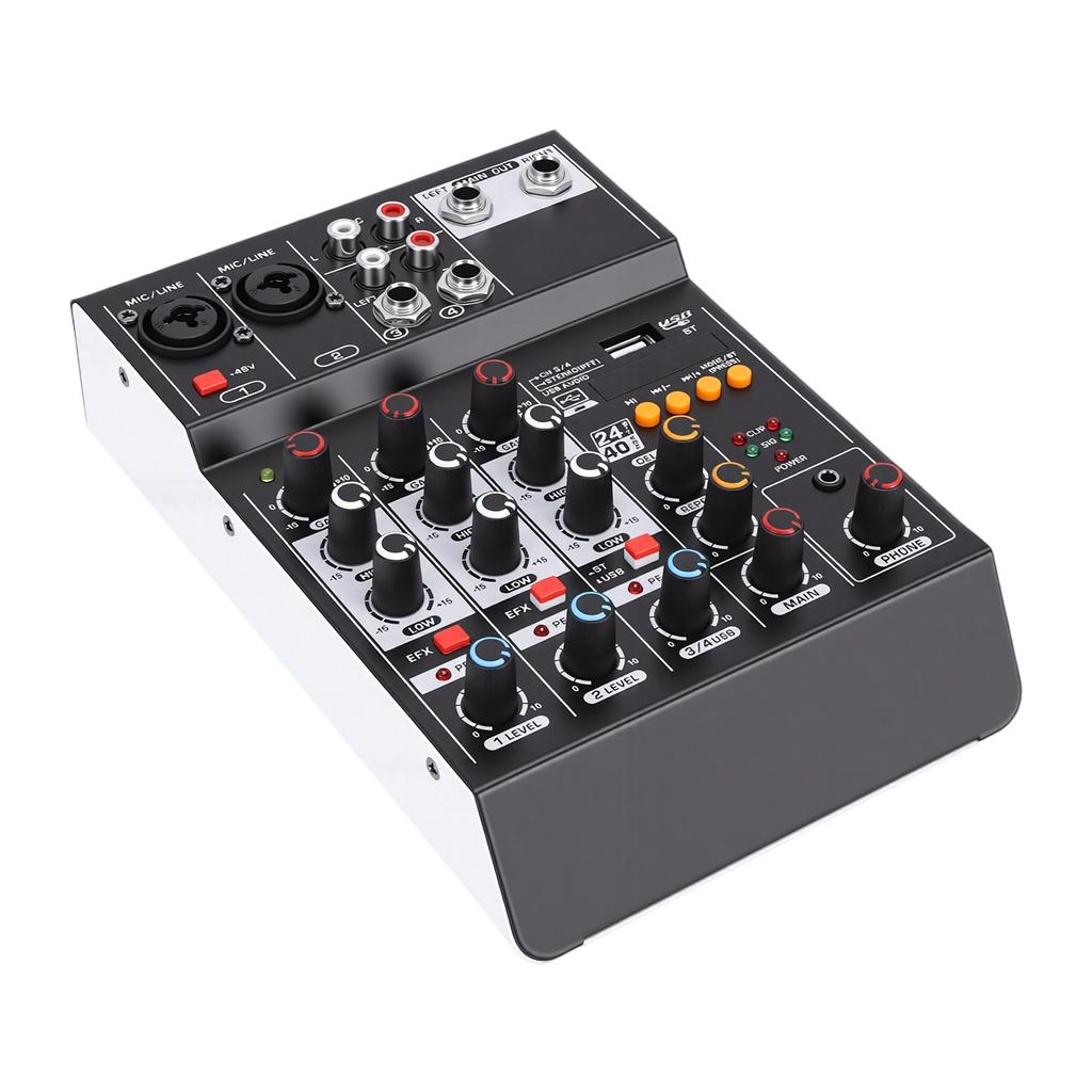 Sound Mixer USB MP3 Bluetooth Computer Input 4 Channel 48V Phantom Power Stereo DJ Mixer for Computer Recording Karaoke