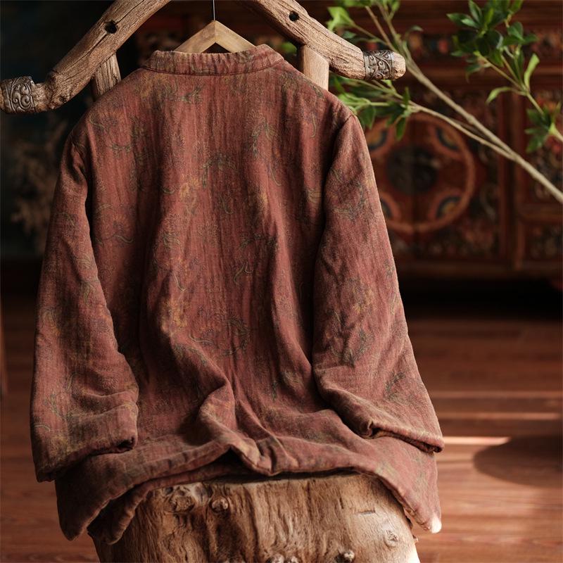 Retro Literary Chinese-Style Stand-Up Collar Frog Button Loose Cotton Coat for Women