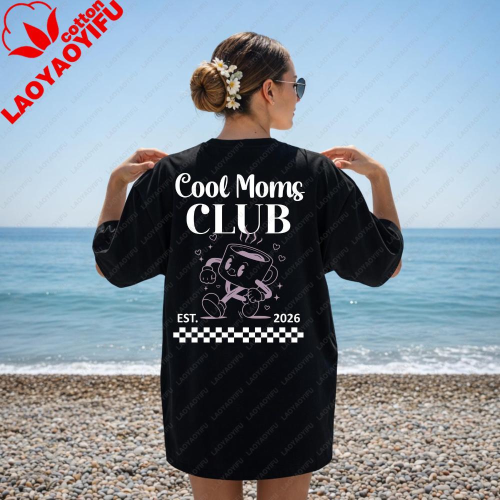 Cool Moms Club Est 2026 Graphic Shirt Retro Cartoon Coffee Print Tee Coffee Lover Gift Tops New Mom 2026 Casual Daily Outfit