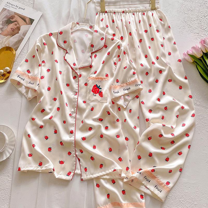 

Пижама из ледяного шелка в стиле легкой роскоши для девочки, летний простой повседневный комплект для отдыха с короткими рукавами и брюками M