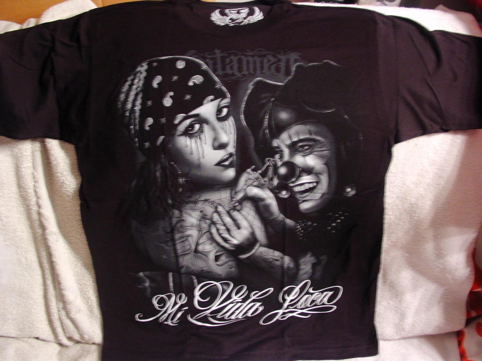 TATTOO MI VIDA LOCA UNTAMED JOKER SMILE NOW CRY LATER MASK T-shirt L