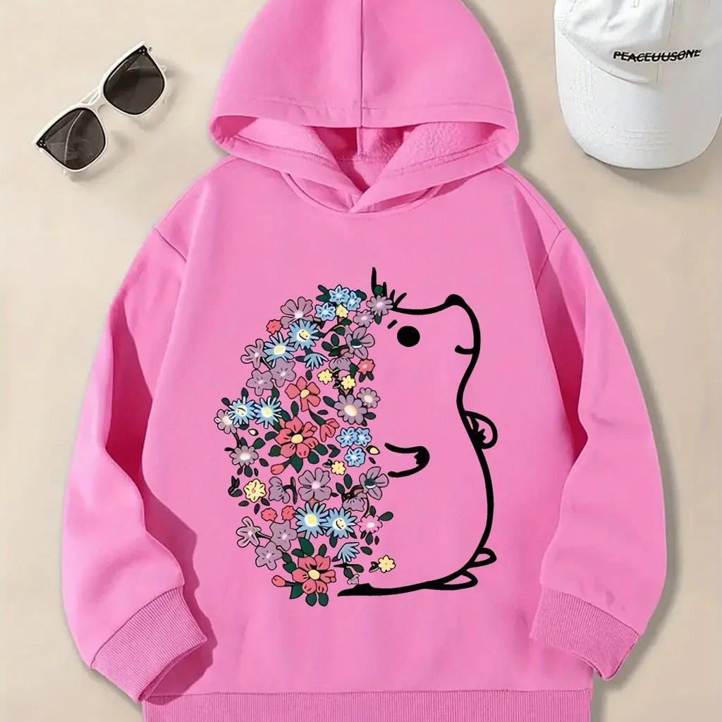 Kids Hedgehog Graphic Hoodie Cute Animal Floral Print Girls Boys Pullover Sweatshirt Long Sleeve Hooded Top Casual Streetwear