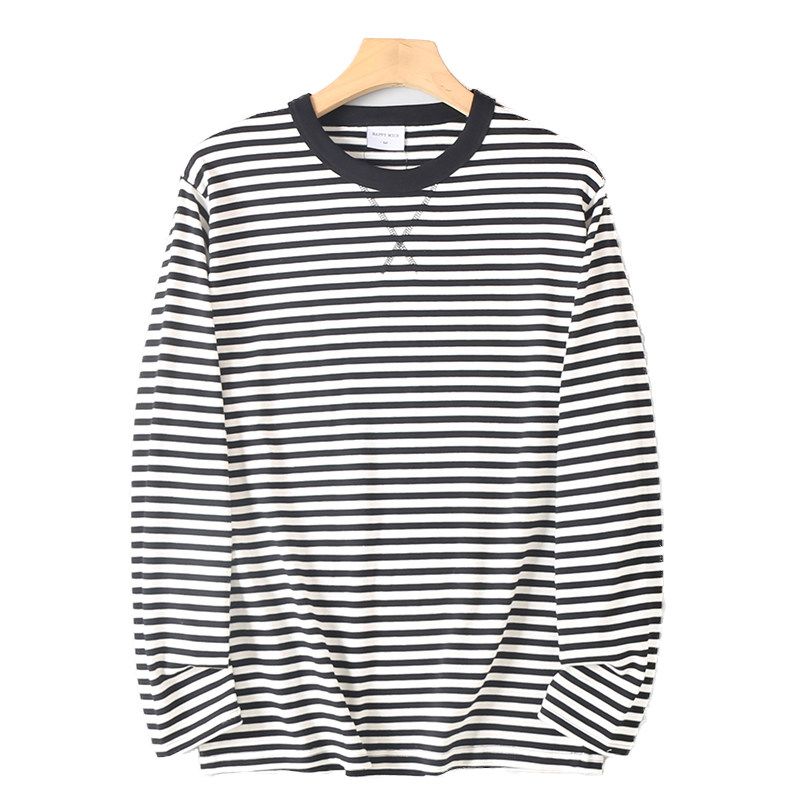 Men's Loose Casual Round-Neck Long-Sleeve T-Shirt Made of 100% Cotton, Washed, Double-Sided, Yarn-Dyed Striped Sailor Shirt, Suitable as a Base Layer