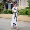 Vintage Printed Streamer V-neck Sleeveless Vest Dress Women's Summer Temperament Loose Skirt Vacation Style Long Dress
