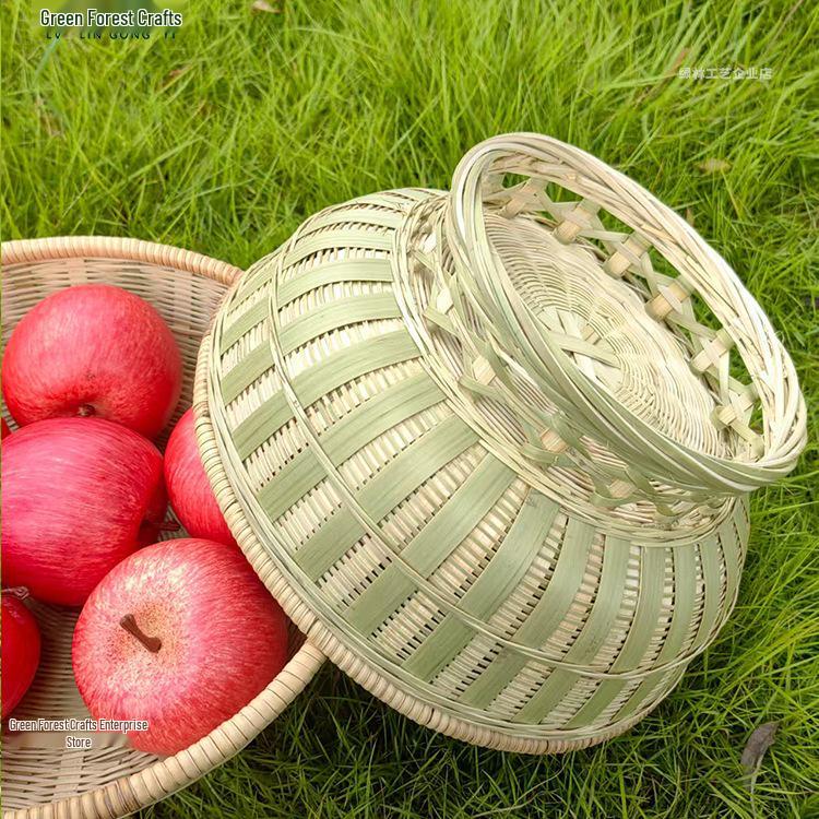 Large Bamboo Rattan High-Foot Steamed Bun & Snack Basket - Finely Woven, Multi-Purpose Household Kitchen Fruit & Vegetable Wash Basket, Round Design