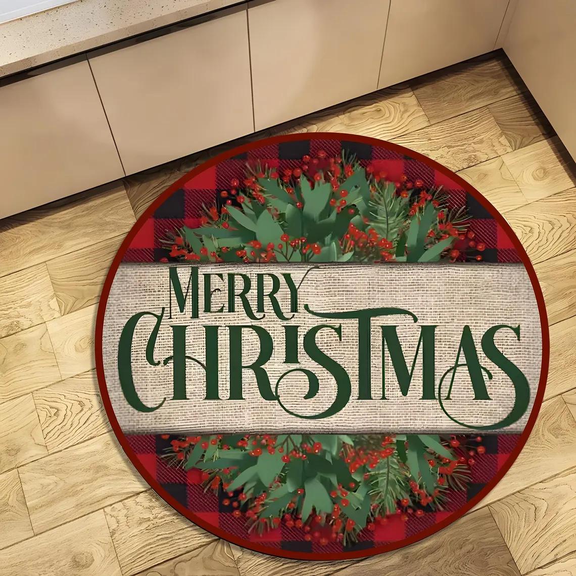 

Festive Christmas Tree Flowers Round Rug Holiday Decor Living Room Bedroom Rug Winter Seasonal Home Gift Bedside Rug 40x40cm