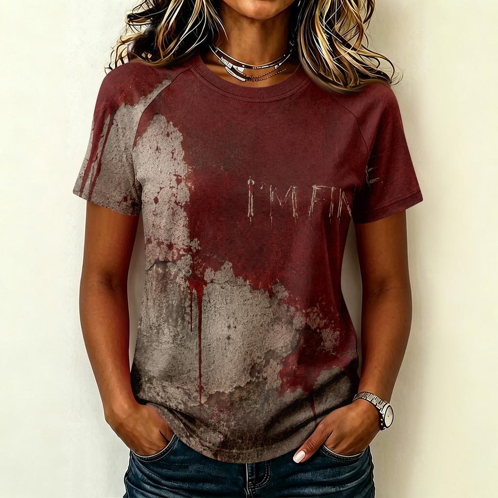 Camiseta Ligera Informal para Mujer con Mangas Raglán, Cuello Redondo y Manga Corta, Estampado Gráfico Temático de Halloween