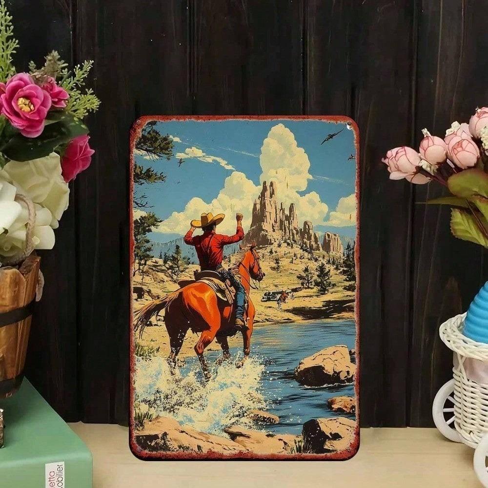 1pc Vintage Cowboy Horse Tin Sign, Rustic Western Metal Wall Art, Farmhouse Decor for Bedroom Bar Garage Garden Outdoor