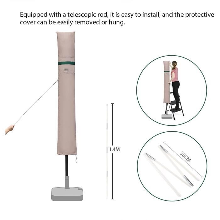 Housse de Protection pour Parasol - SEKEY - Ø 300 cm - 100% Polyester - Kaki - Grilles d’aération