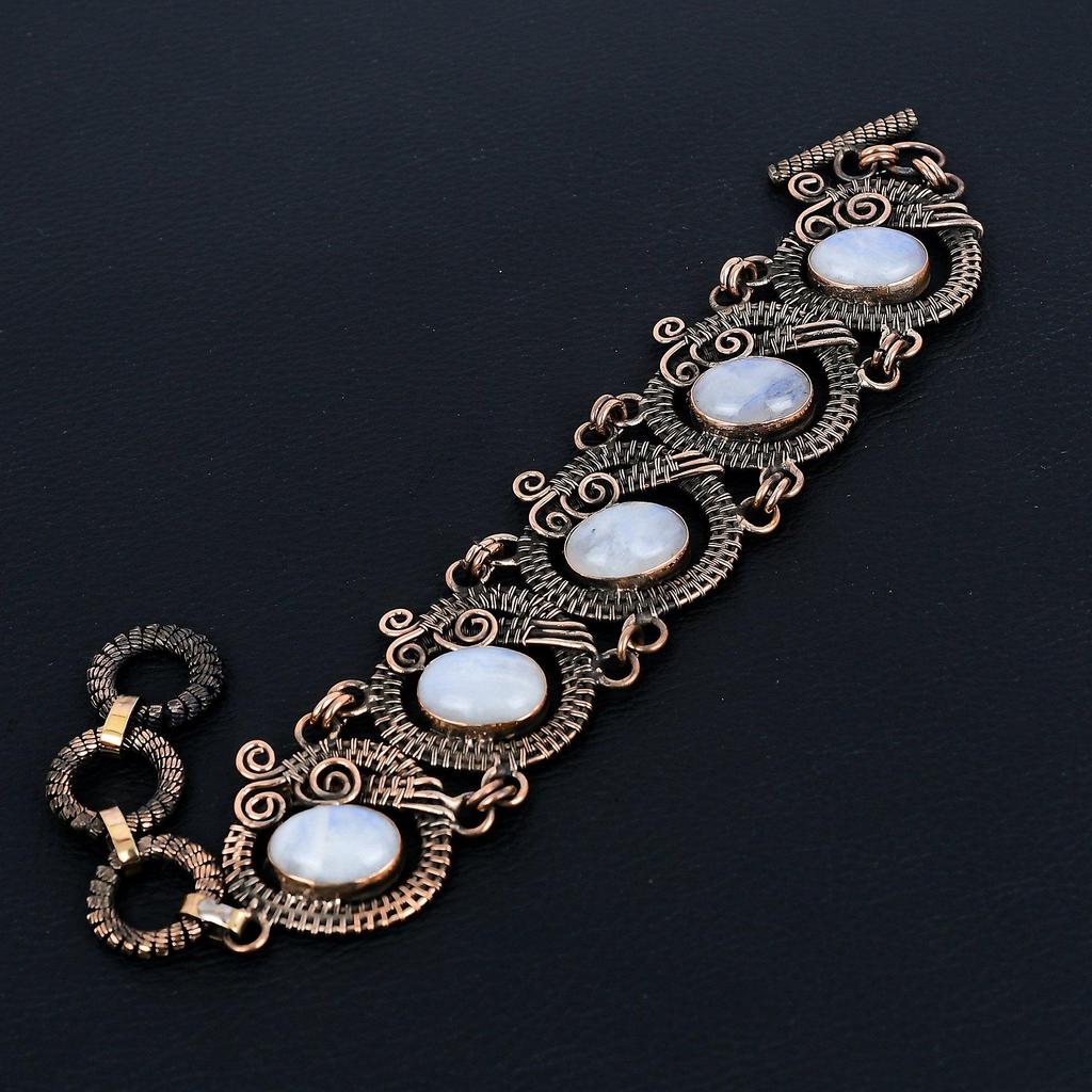 Rainbow Moonstone Bracelet Gemstone Jewelry, 999 Copper Wire Wrapped Bracelet, Adjustable Handmade Beautiful Jewelry Chain Bracelet