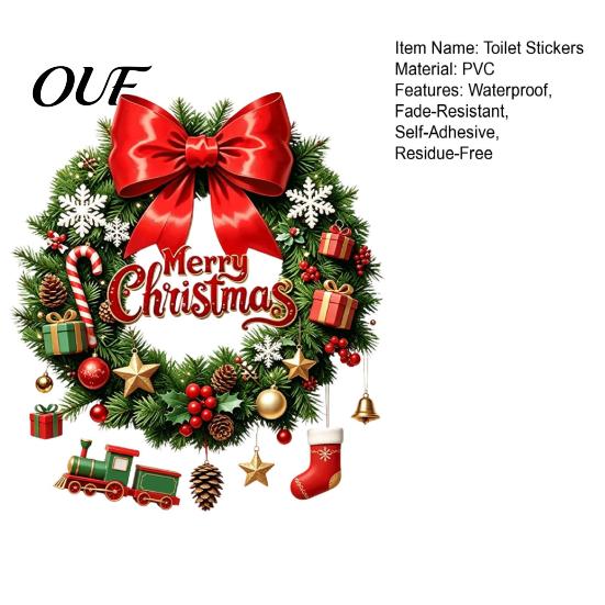 Waterproof Pvc Wall Stickers Christmas Wreath Toilet Decal, Merry Bow Seat Sticker, Holiday Party Bathroom Supplies Lid Tank Decals, Self-Adhesive
