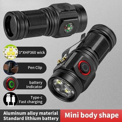 MINI Starke 3LED Taschenlampe Tragbare Camping Kompass Taschenlampe Wiederaufladbare 18350 Batterie Taschenlampen Lampe mit Heckmagnet Stiftclip