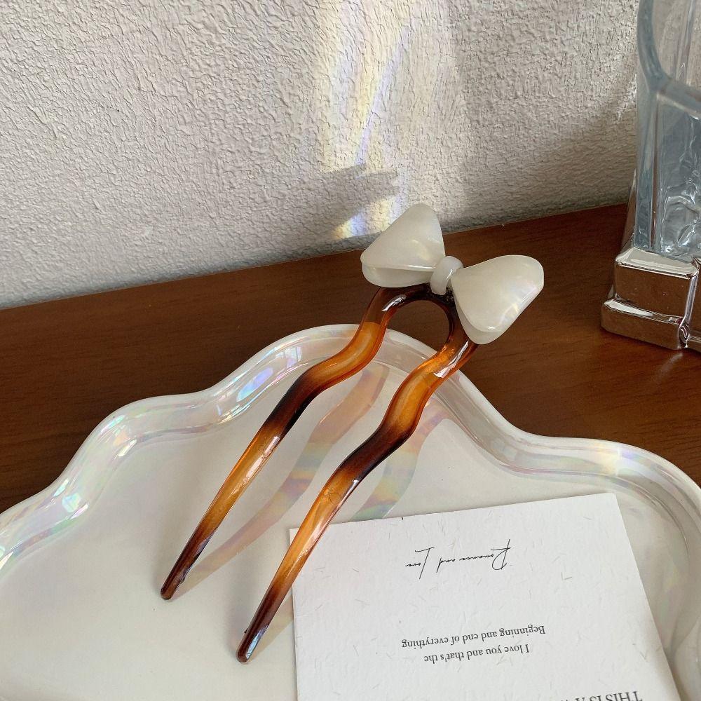 

Acrylic U-shaped Hairpin Retro Pan Hair Fork Trendy Bow Hair Stick Lady кавовий