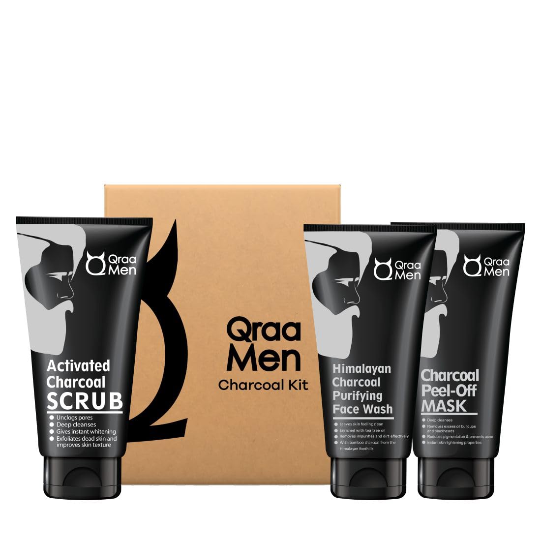 

Qraa Men Charcoal Kit : Charcoal Scrub, Face wash & Peel-off Mask For Men - with Essential Oils | For deep cleansing & Glowing Skin | Anti Acne &