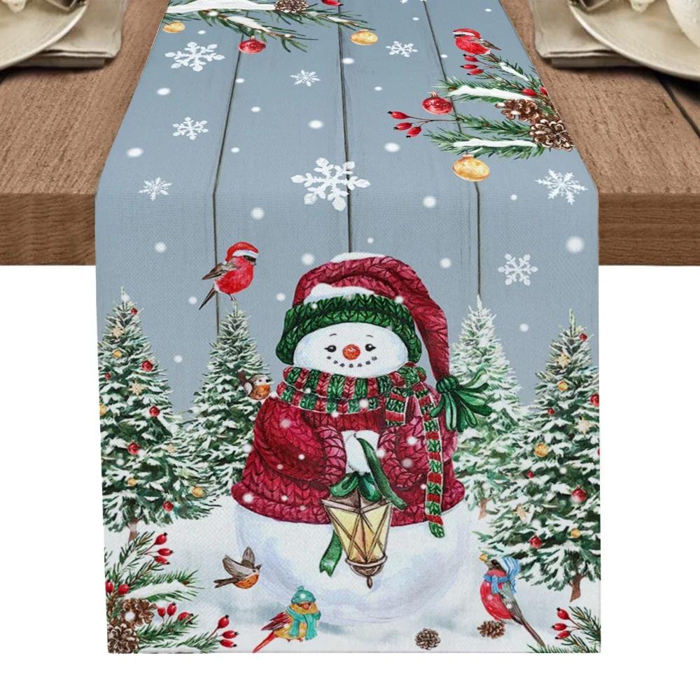 Christmas Snowman Table Runner Linen Antifouling for Wedding Festive Picnic Kitchen  Decoration