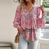 Women's Blouses Trend Spring Summer Bohemian Vacation Style Printed V-Neck Lace Up Long Sleeved Shirt for Women