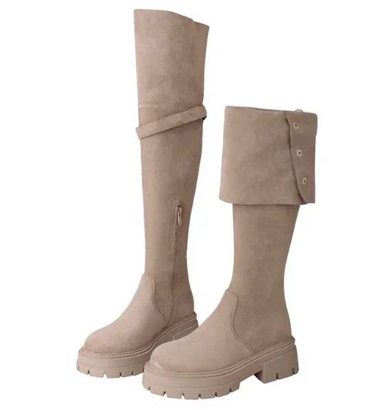 Women Mid Heels Over The Knee Suede Chelsea Boots New Platform Designer Luxury Shoes Goth Brand Walking Gladiator 35