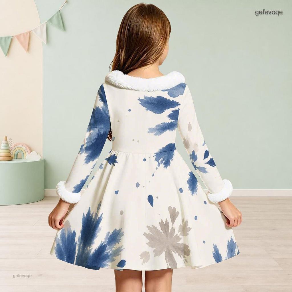 Little Girls Furry Collar Long Sleeve Printed A Line Flared Dress