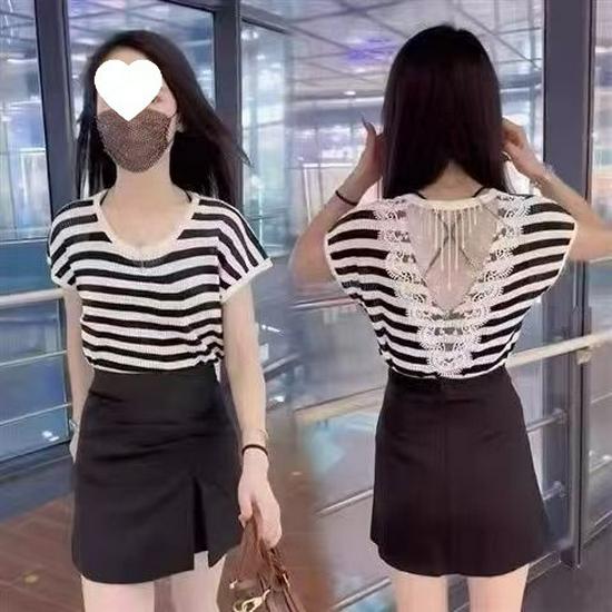 European Style Lace Patchwork Color Block Striped Short Sleeve Women s Top 3XL