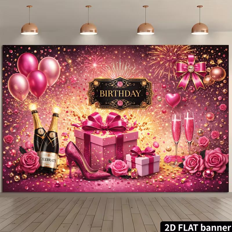 2D Happy Birthday Pink Gold Champagne Heel Backdrop Banner Party Photo Background