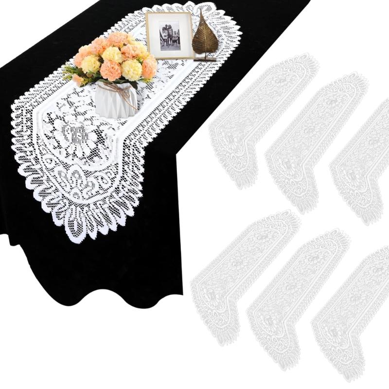 6Pcs Elegant Lace Table Runners Set Crocheted Floral Design Dresser Scarf Doilies for Dining Wedding Party Decoration
