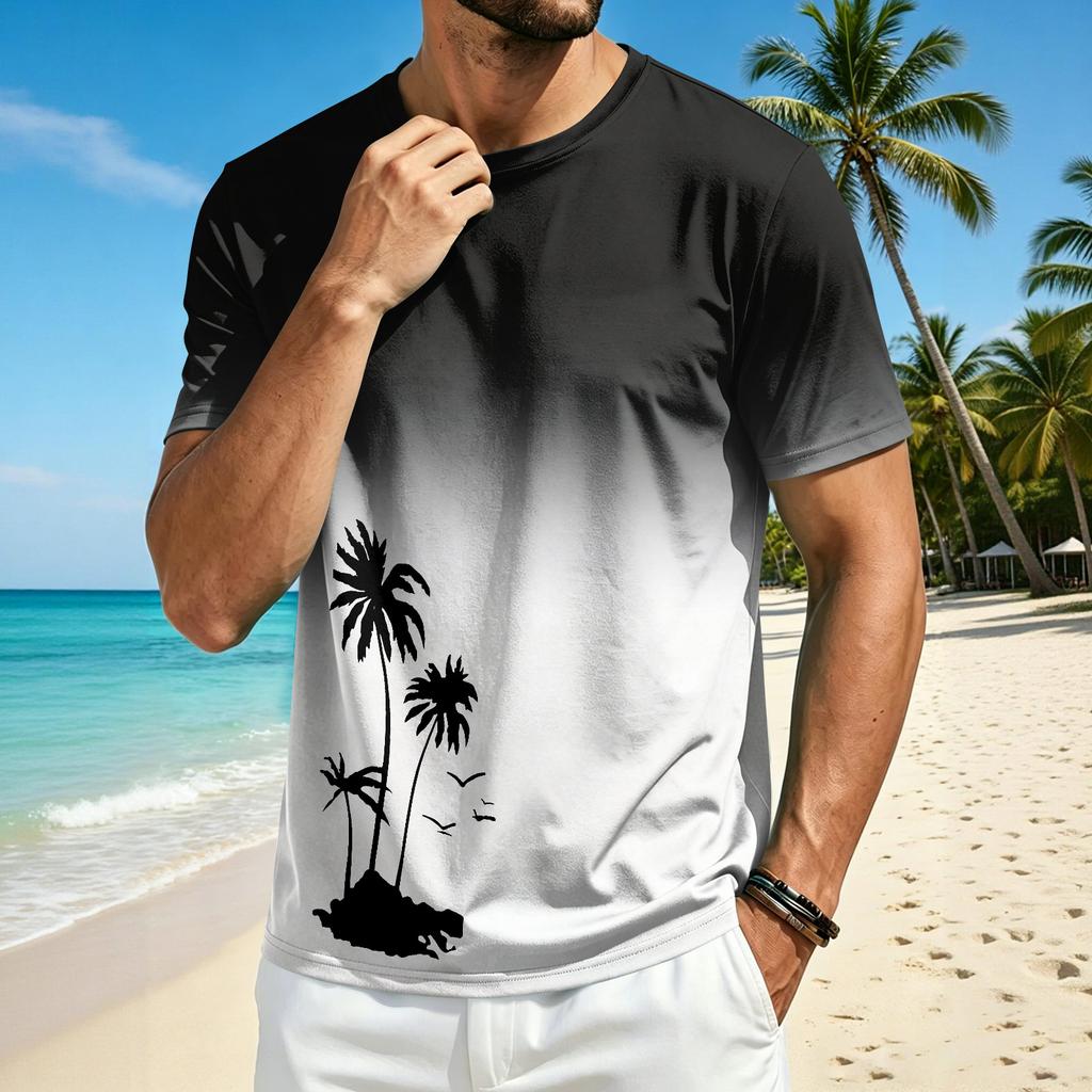 Men’s Summer Crew Neck Short Sleeve T Shirt with Hawaiian Print Casual Comfortable Fit Lightweight Top