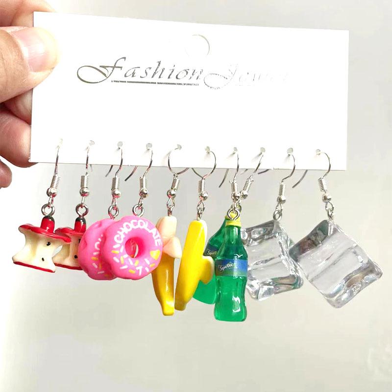 5 Pair Set Small Fresh Colored Resin Pendant Earrings Art Sweet and Cute Fruit Animal Milk Tea Earrings Female