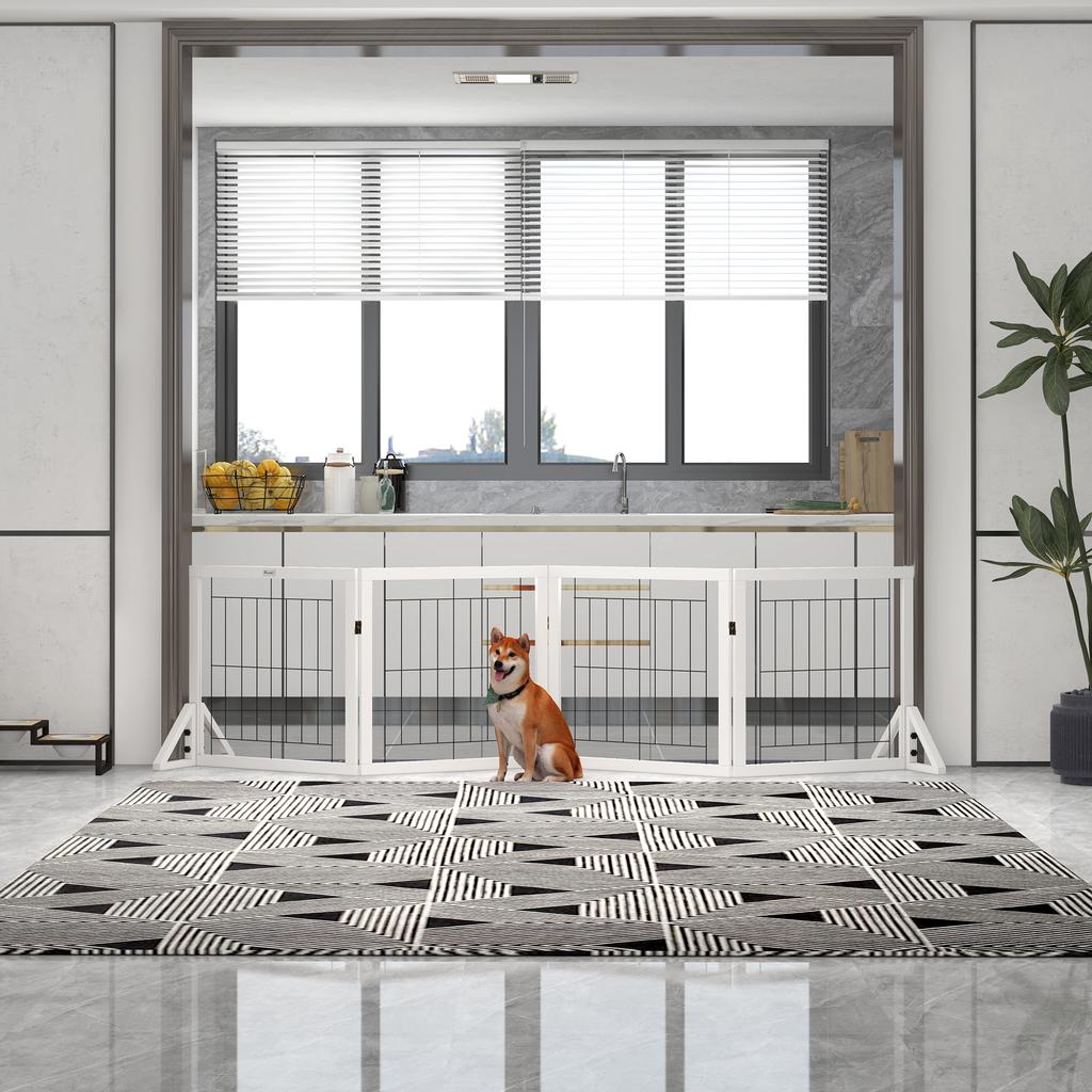 Folding Dog Gate with 4 Panels and Triangular Feet, 280x70 Cm, White