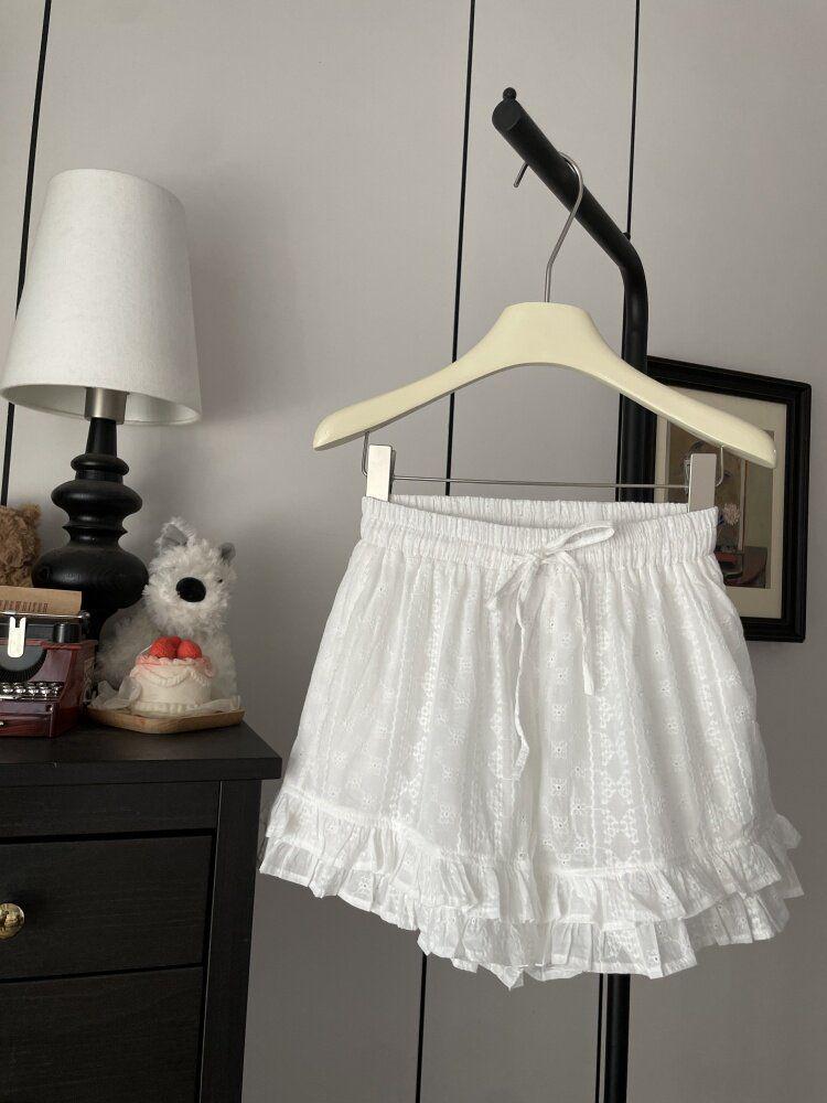 Bestselling Ruffle Lace Embroidery Wide-leg High-Waisted Summer Shorts for Women
