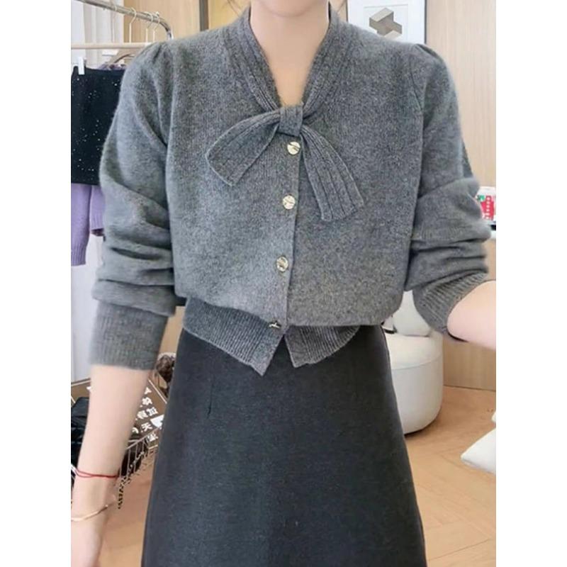 

Весенний новый простой и универсальный вязаный кардиган однотонный топ с бантом, с длинным рукавом, куртка-свитер One size серый