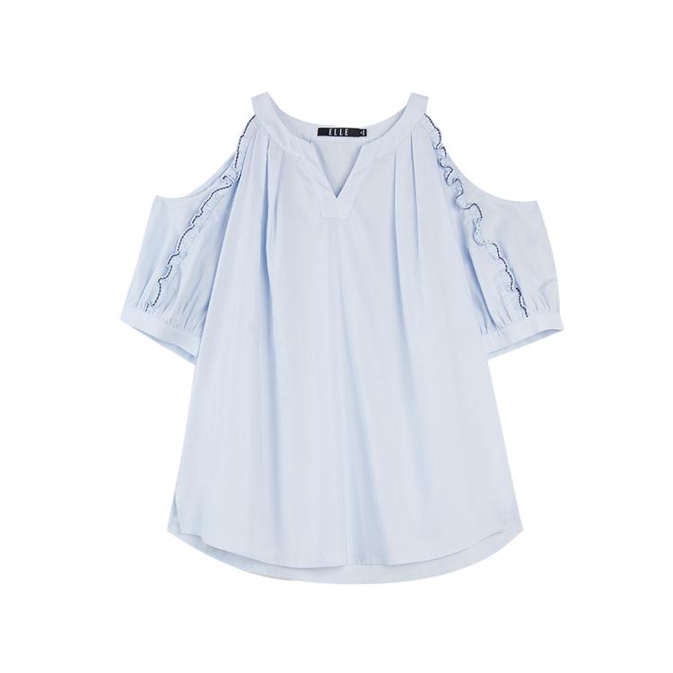 ELLE Chic Color Block French Off-Shoulder Ruffled Short Sleeve Shirt Women tops EM51791