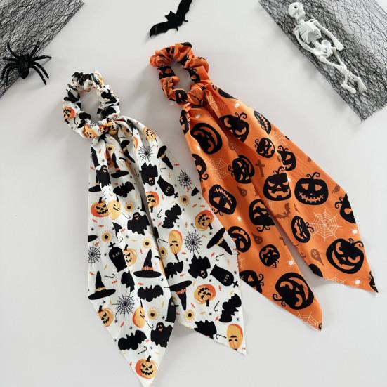 Halloween Ribbon Scrunchie Satin Scrunchies for Women, Funny Pumpkin Printed Elastic Hair Ties, Comfortable Band Soft Ponytail Holders, Decorative