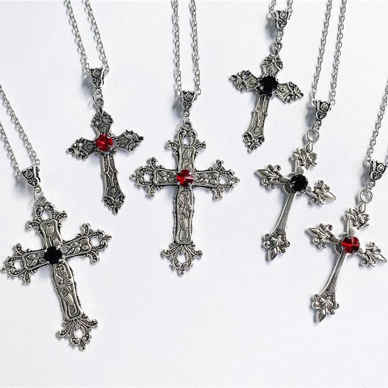 Adjustable Gothic Cross Pendant Necklace - Alloy Statement Jewelry with Rhinestone Detail, Punk Unisex Chain for Women and Men