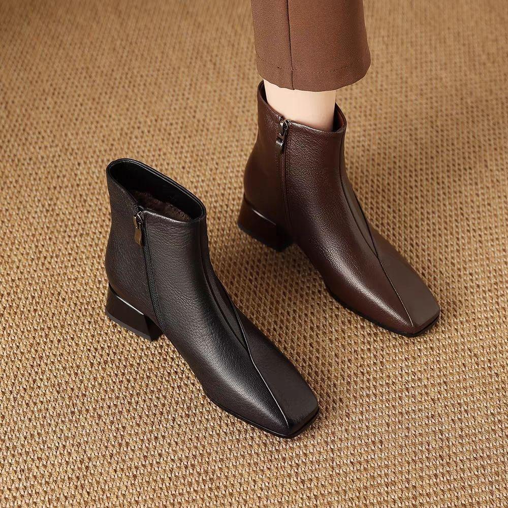 2025 Women's Soft Leather Mid-Heel Square Toe Boots with Velvet Lining for Autumn and Winter