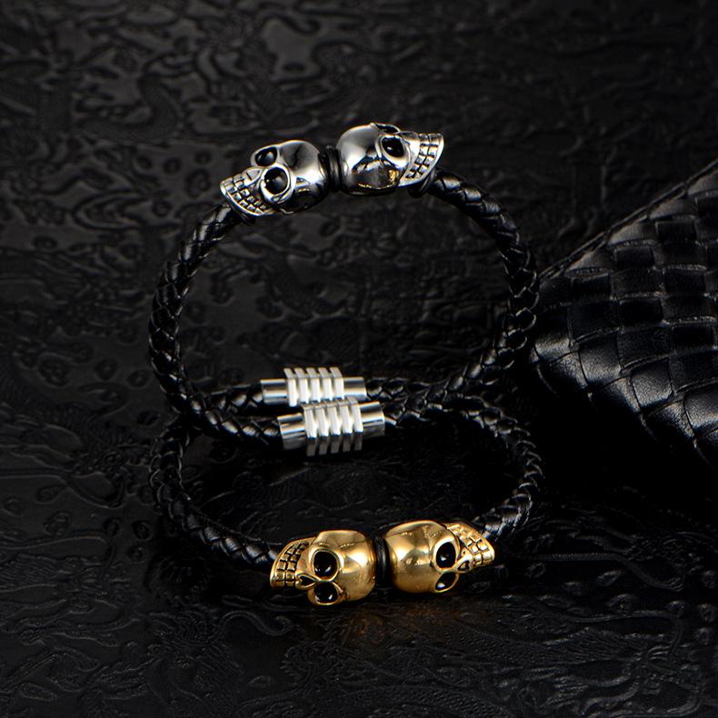 Hand-woven Double-layer Leather Bracelet, Skull Ghost Head Men's Titanium Steel Bracelet